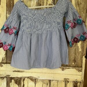 LOFT Gray/blue and Pink Puff Sleeve Smocked Blouse